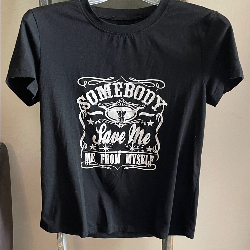 Ladies Black Graphic Tee with White Print